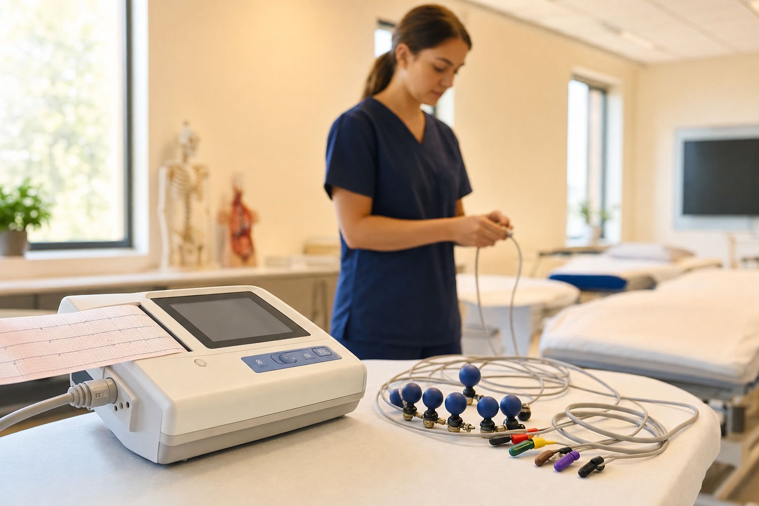 EKG machine and 12-lead electrodes on training bed at Get Well Healthcare Academy