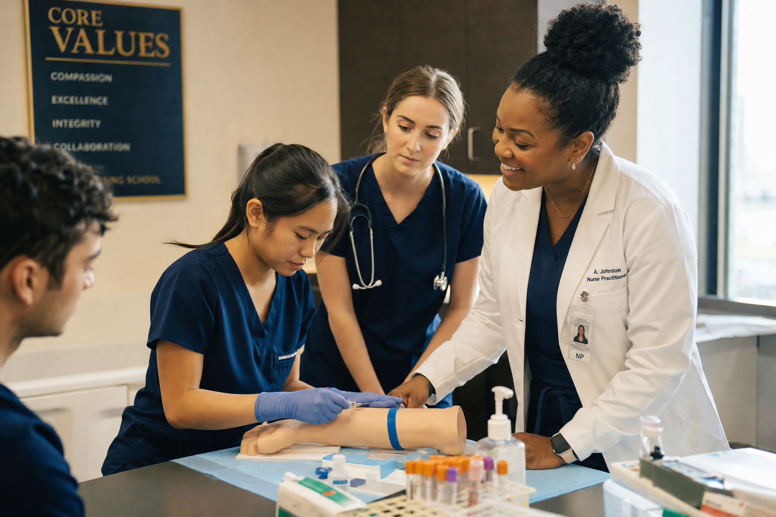 Nurse practitioner instructor teaches phlebotomy to two students at a real clinic exam table