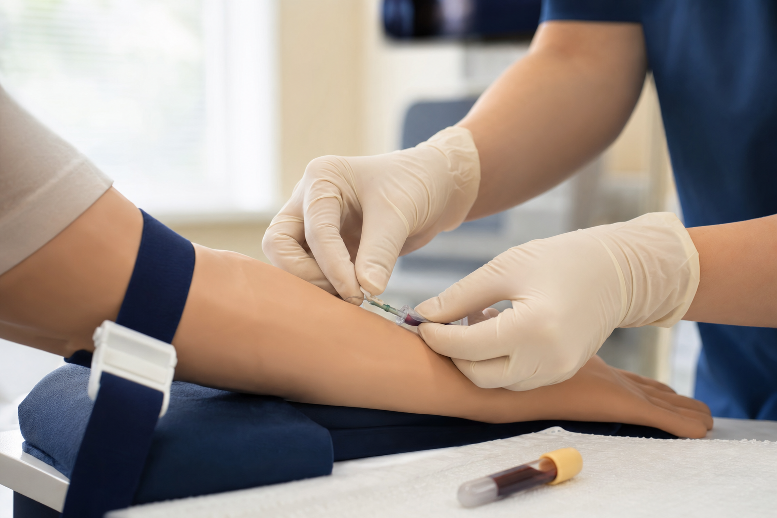 Close-up of student performing supervised venipuncture on training arm